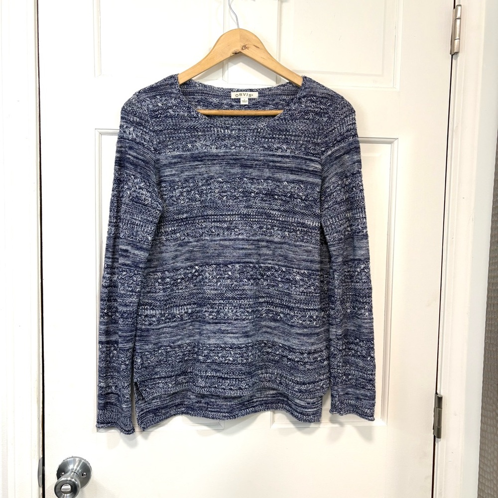 Orvis Linen Wool Blend Sweater Blue Marled Knit Crew Neck Textured Women’s Sz‎ S